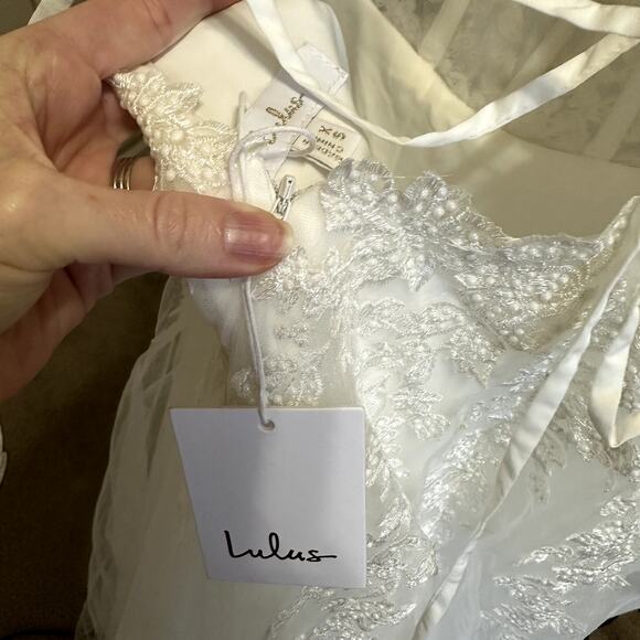 Lulus Bridal NWT Glorious Luxury White Sheer Tulle Embroidered Beaded Maxi Gown - Picture 9 of 10